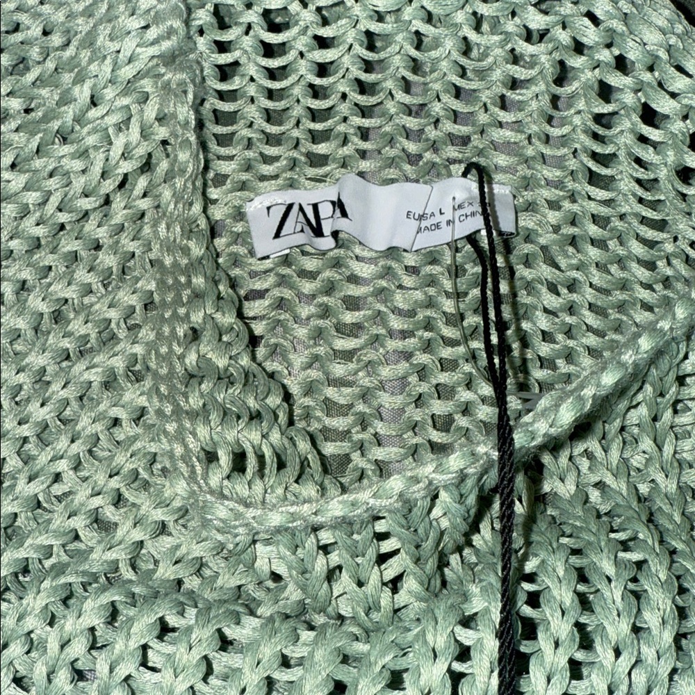 NWT Zara Open Knit Sweater L Mint Sage Sheer Drop Shoulder Slouchy Bloggers Fave - Picture 6 of 9